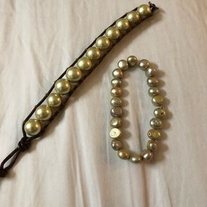 Green pearl leather wrap bracelet